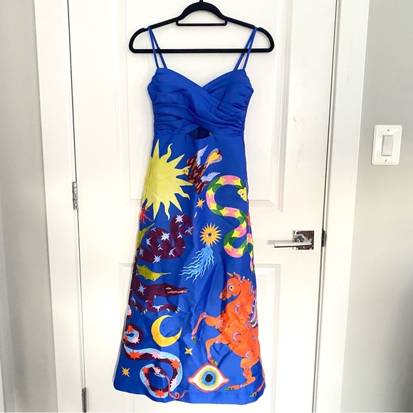 Authentic ALEMAIS Guardian Printed Satin Keyhole Midi Dress Sz US 2 - Picture 7 of 14